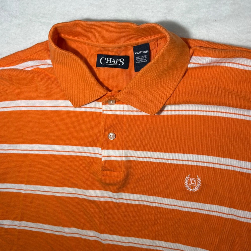Chaps Mens XXL Orange‎ White Striped Short Sleeve Cotton Pique Polo Shirt Logo